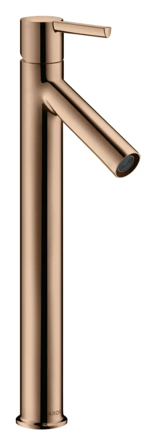 Waschtischmischer in Polished Red Gold von AXOR, mit einem hohen, schlanken Auslauf und einem seitlichen Hebelgriff für die Steuerung des Wasserflusses.